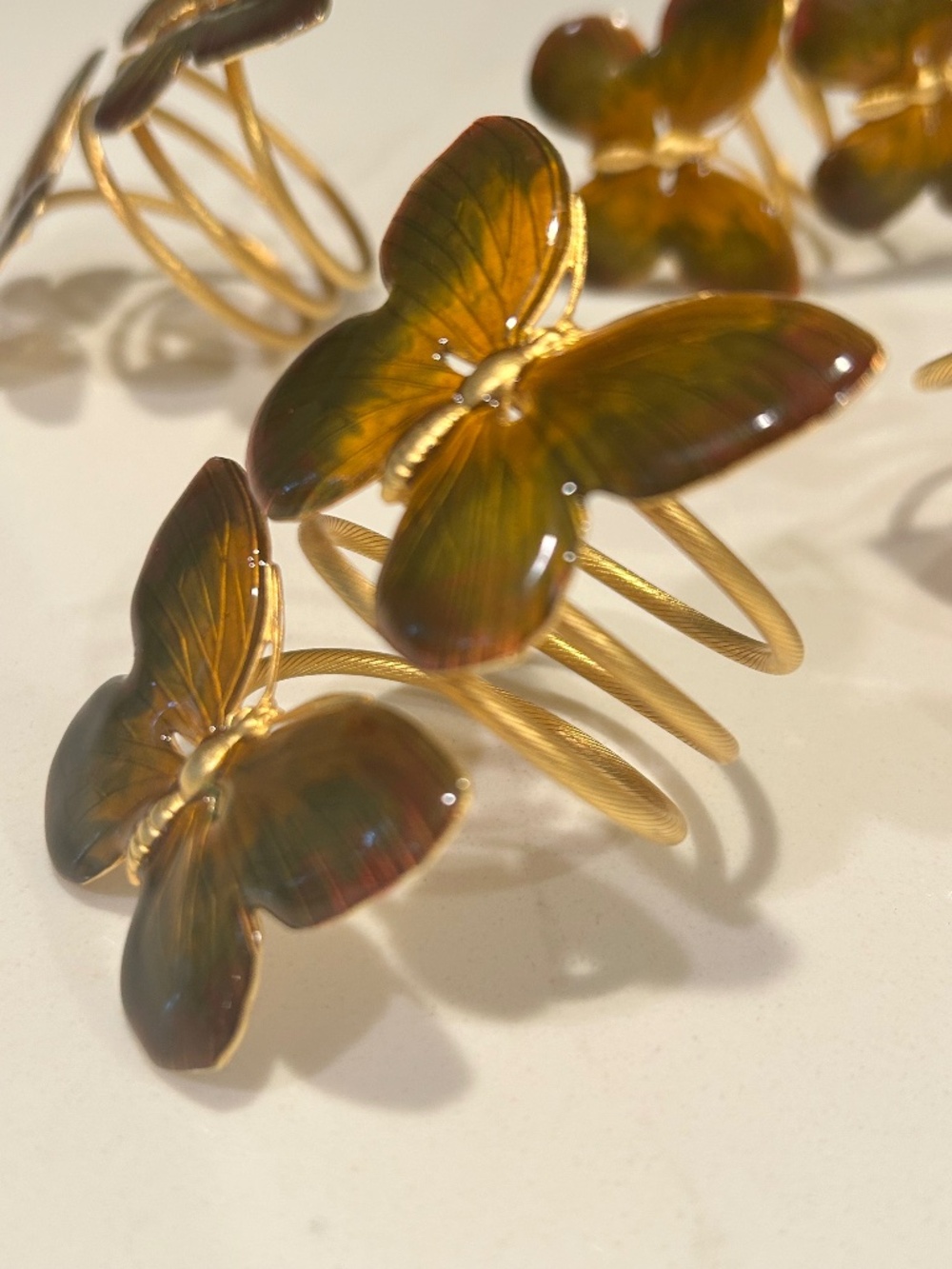 Stunning Enamel Butterfly Gold Coiled High End Napkin Rings - Set 6